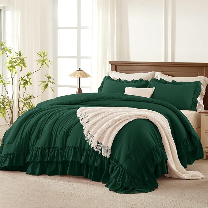 Andency Dark Green Ruffle Comforter Full Set, 3pcs Vintage Farmhouse Shabby Chic Bedding Comforter Set, Soft Lightweight Fluffy Bed Comforter Sets All Season Bedding Set