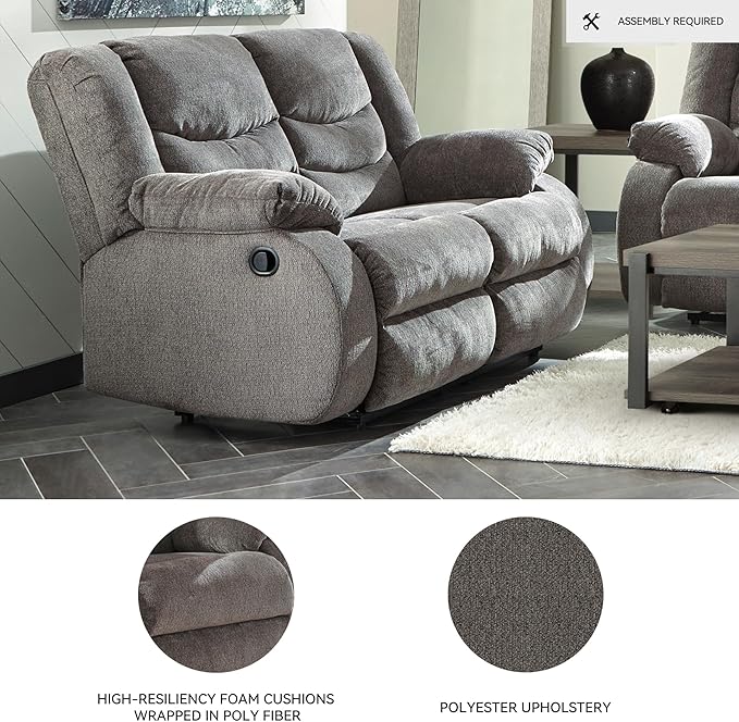 Signature Design by Ashley Tulen Reclining Loveseat, Dual-sided Recliner, Pull Tab Reclining Motion, Fabric Upholstery, 63" W x 40" D x 40" H, Dark Gray