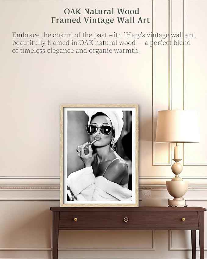 iHery Natural OAK Wood Audrey Hepburn Trendy Framed Wall Art, 12x16 in Vintage Canvas Bedroom Wall Decor, Beige Logs Retro Bathroom Art, Better Late Than Ugly, Set of 1 Apartment Girly Dorm Room