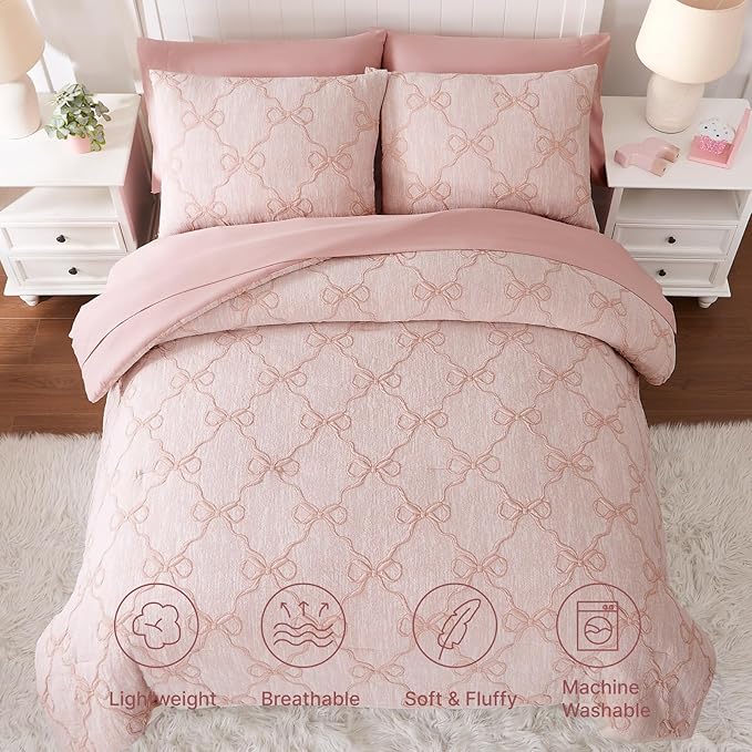 Twin Comforter Set with Sheets for Girls-5 Pieces Twin Bedding Sets with Pink Comforter, Sheets, Pillowcase & Sham for Kids (Pink Diamond, 66" X 86")
