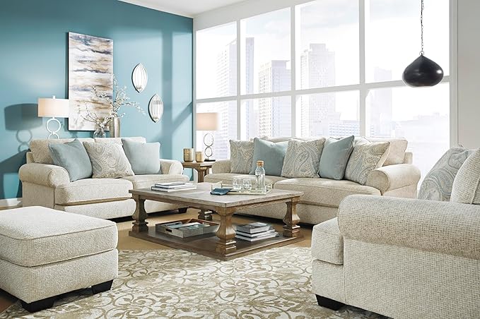 Signature Design by Ashley Monaghan Vintage Sofa with Accent Pillows, Reversible Cushions and Rolled Arms, Beige