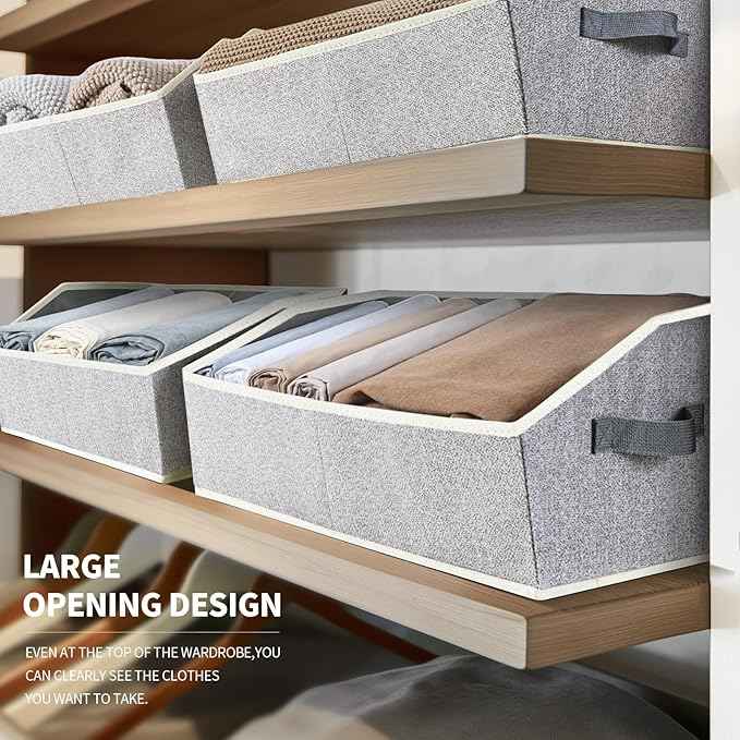 Trapezoid Closet Shelf Organizer - Large Baskets for Organizing, Storage Baskets for Shelves, Cubbies Storage Bins for Clothes, Books, Blankets, 4 Pack, Light Gray