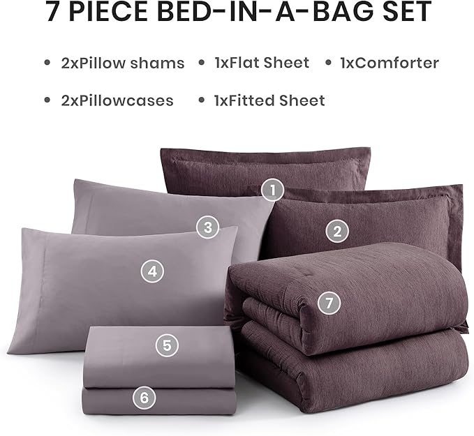 Monbix Super King Comforter Set, Italian Plum Cationic Dyeing Bedding Set Reversible, Bed in a Bag 7 Pieces with Comforter, Sheets, Pillowcases & Shams