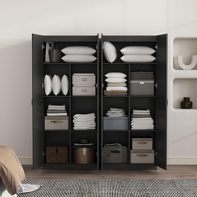 Manhattan Comfort Cornelia Modern Tall Storage Cabinet with Doors and Adjustable Shelves 1.0 - Freestanding Pantry Organizer for Kitchen, Laundry Room, Garage, or Mudroom, Set of 2, Black