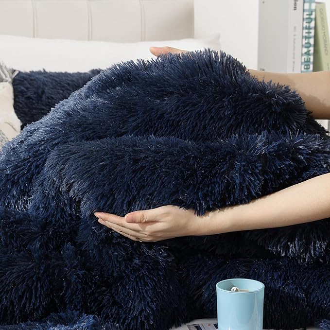Smoofy Fluffy Queen Comforter Set, Faux Fur Comforter Set Queen Size, Luxury Fuzzy Bedding Set, Soft Shaggy Bed Set for All Season, 3 Pieces - 1 Comforter & 2 Pillowcases, Navy