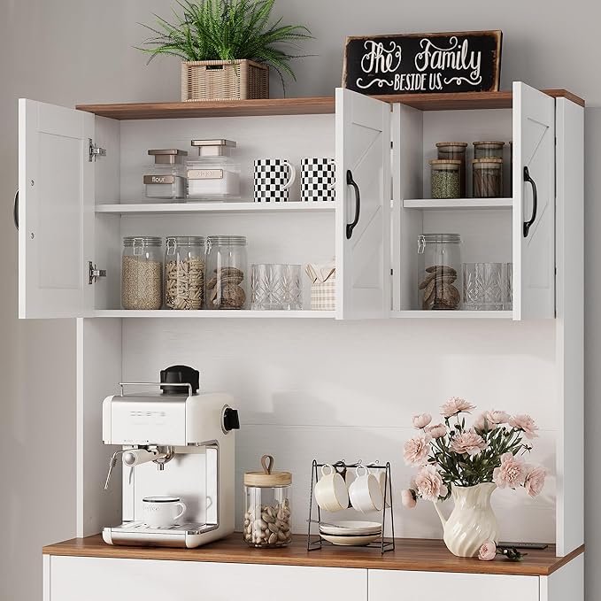 IDEALHOUSE 71" Kitchen Pantry Storage Cabinet with Charging Station, Farmhouse Kitchen Hutch Cabinet with 2 Storage Drawers, Large Food Pantry with Microwave Stand for Dining Room,Living Room,White