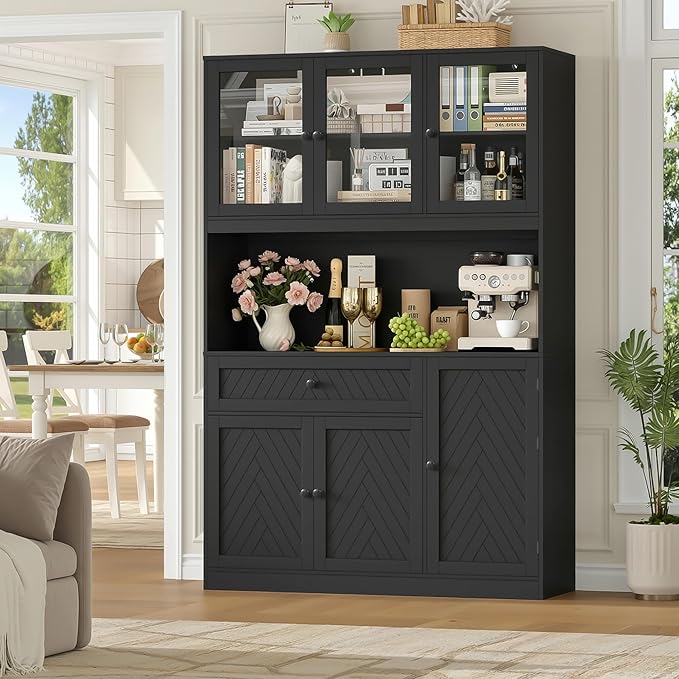 72” Tall Kitchen Pantry Storage Cabinet, Modern White Kitchen Hutch with Large Storage Drawer, Countertop, Adjustable Shelves, Food Pantry Cabinets for Dining Room, Living Room (Black)
