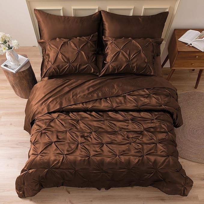 MR&HM Satin Comforter California King 7 Pieces Brown - Luxurious Pinch Pleat Bedding Set with Comforter, Flat Sheet, Fitted Sheet, Pillowcases & Shams, Super Silky Soft Bed Set for All Season
