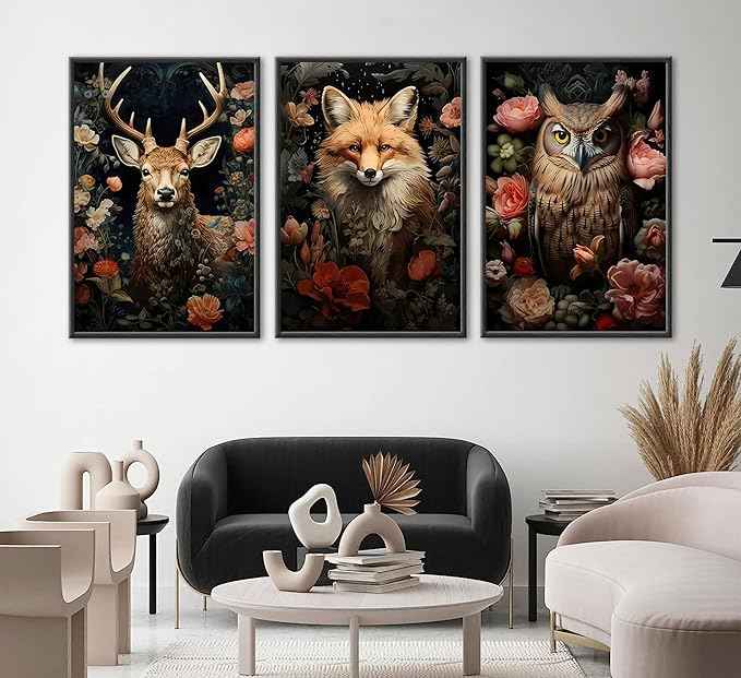 Magical Forest Animal Canvas Wall Art Flowers And Wild Animals Prints Wall Decor Dark Cottagecore Posters Gothic Vintage Botanical Floral Painting Picture Nature Room Decor Bedroom Decoration Unframed