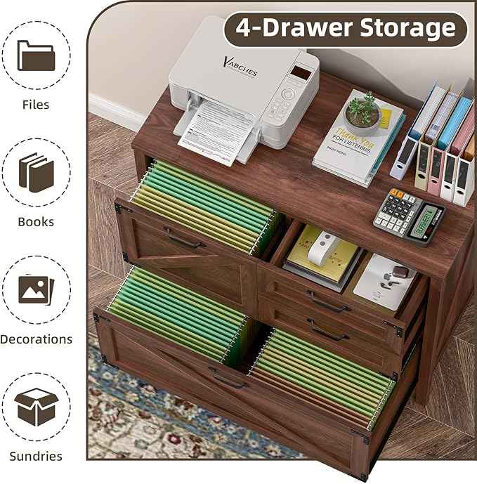 Vabches 4-Drawer Wood Lateral File Cabinet for Hanging Files Letter/A4/Legal Size, Large Farmhouse File Cabinets for Home Office, Printer Stand with Office Cabinet, Rustic Brown