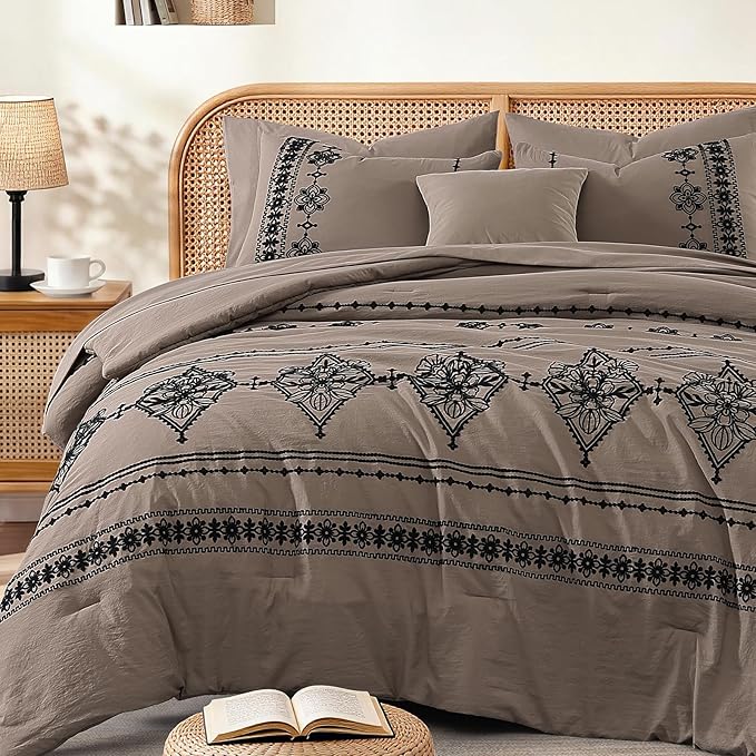 MaiRêve King Size Comforter Set Taupe Grey, Embroidery Floral Western Boho Bedding Set, All Season 7 Pieces Bed in a Bag with Sheets, Pillowcases & Shams