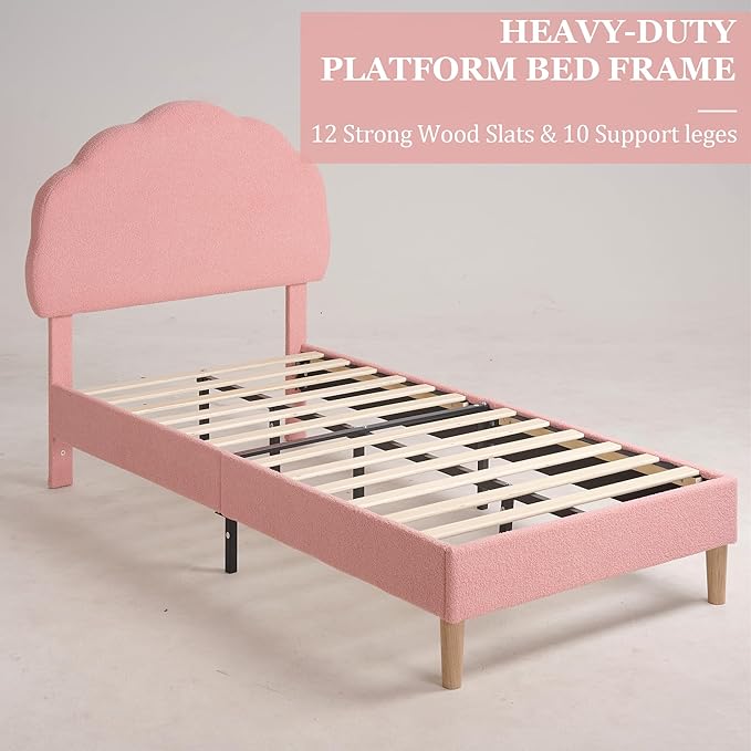 VECELO Twin Size Bed Frame Set of 2, Upholstered Platform Bedframe with Height Adjustable Plush Fabric Headboard, Strong Wood Slat Supports, No Box Spring Needed, Pink