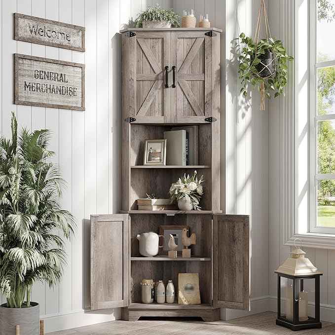 Vabches 68.9" Tall Corner Cabinet, Farmhouse Style Storage Cabinet with Adjustable Shelve, Barn Door Design, Home Space Saver for Kitchen,Bathroom, Living Room, Dining Room (Grey)