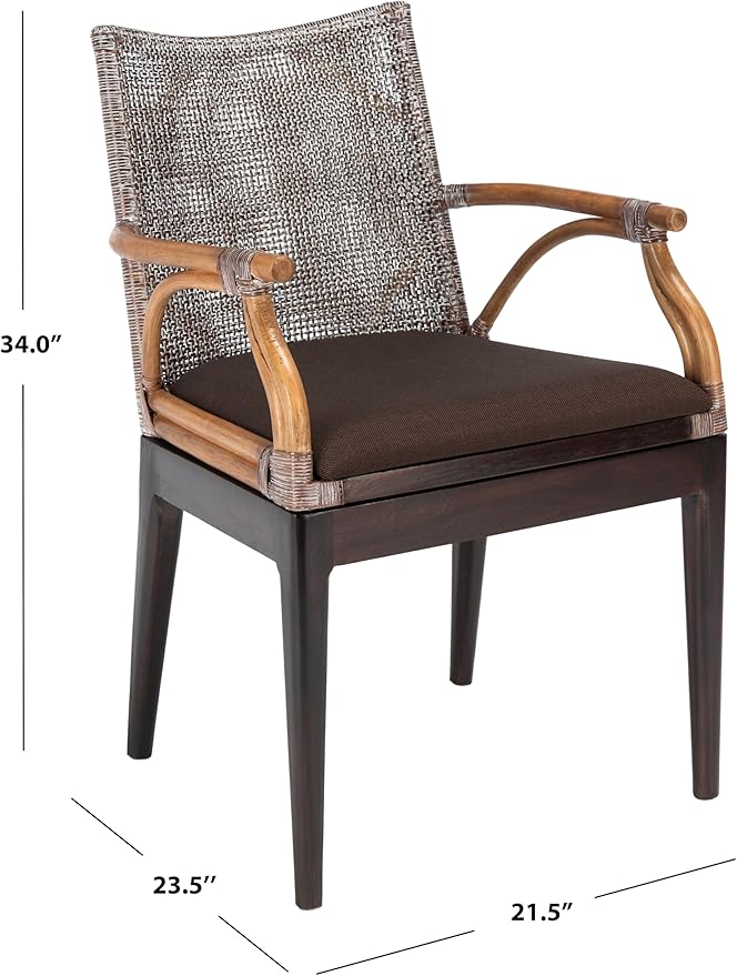 SAFAVIEH Home Collection - Gianni Brown & Dark Brown Solid Wood Rattan Arm Chair, Tropical Coastal Accent Seating for Living Room or Dining Space (SEA4011C)