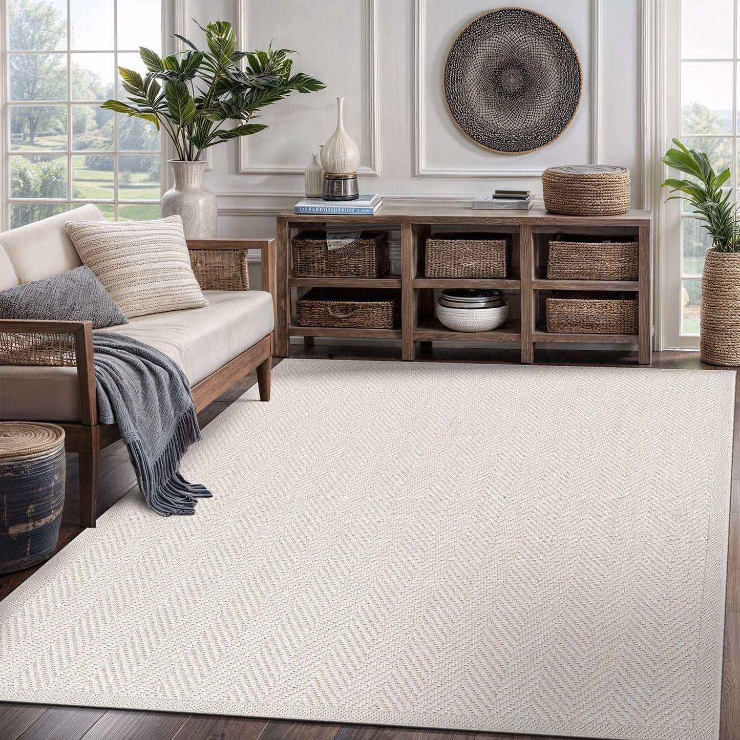 CAMILSON Easy Jute Rug 10x14, Indoor Outdoor Off-White Color Fiber Area Rugs for Living Room and Patio Rug Herringbone Boho Woven Design Easy-Cleaning Washable Outside Carpet Alfombras 10 x 14