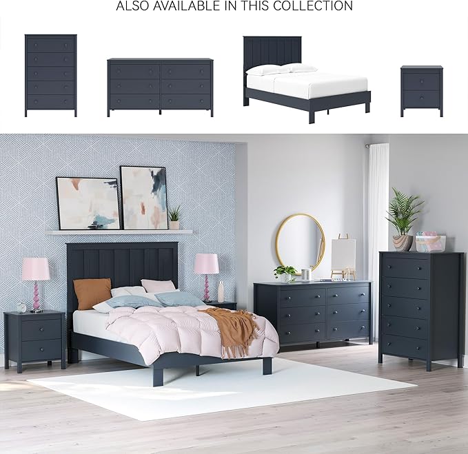 Signature Design by Ashley Simmenfort Casual Full Platform Bed, Matte Finish, Shaker Style, Navy Blue, Shiplap-Style Headboard, Coastal, Adjustable Height, Foundation or Box Spring Not Needed, Blue