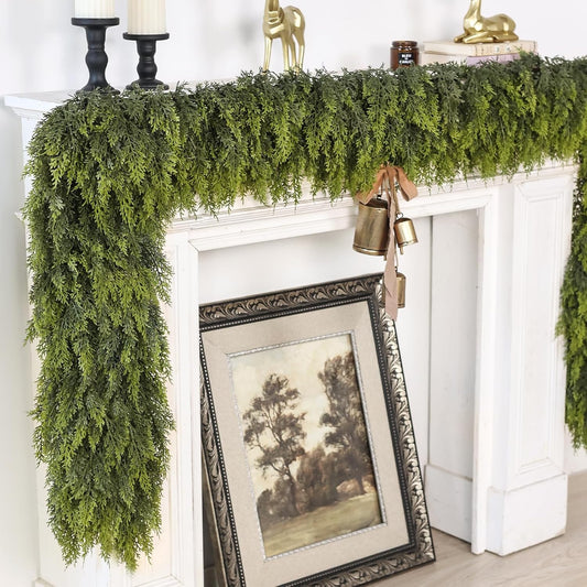 9FT Real Touch Cedar Garland for Fireplace - Artificial Christmas Garlands Realistic Faux Greenery Fake Pine Needles Garland for Holiday,Table, Window,Mantel,Stairs, Home,Indoor Outdoor Decor (2PCS)