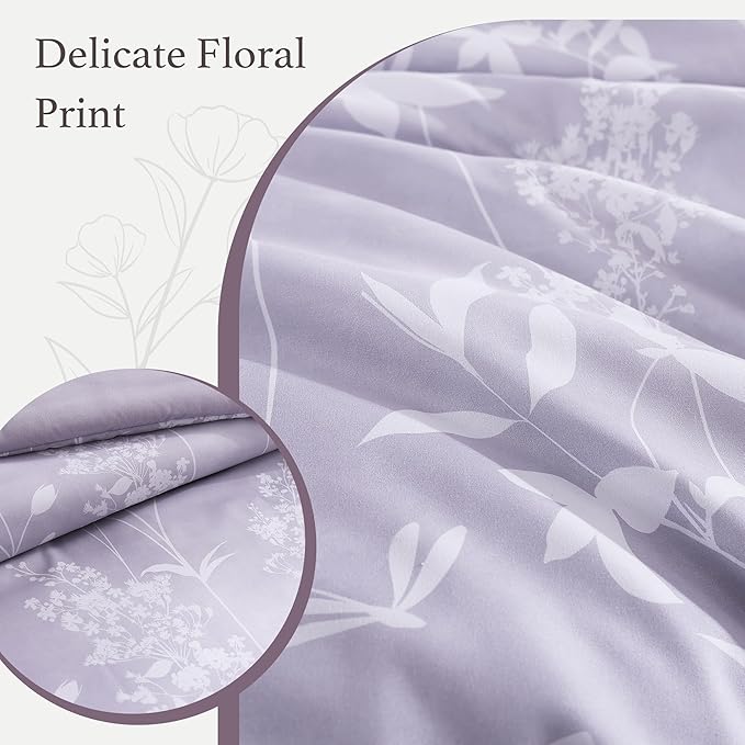 King Comforter Set -7 Pieces Floral Purple Comforter Set for All Seasons, Bed in a Bag King with Botanical Flowers Comforter, Sheets, Pillowcases & Shams