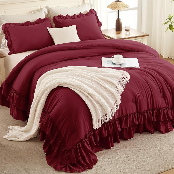 Andency Burgundy Ruffle Comforter Set Oversized King, Shabby Chic Farmhouse Bedding Set 3 Pieces, Lightweight Soft Bed Set 120x98 for Girls Women (1 Comforter 2 Pillowcases)