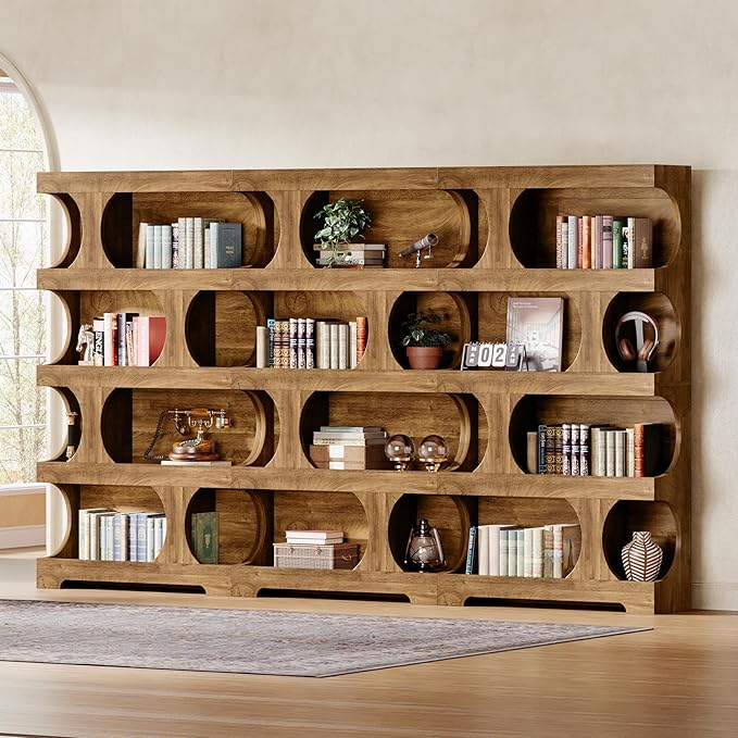 Tribesigns 71" Tall Bookcase Set of 2, 4-Tier S-Shaped Bookshelf, Wood Decorative Storage Shelving, Modern Freestanding Display Shelves, Large Library Bookshelf Unit for Home Office Living Room, Brown