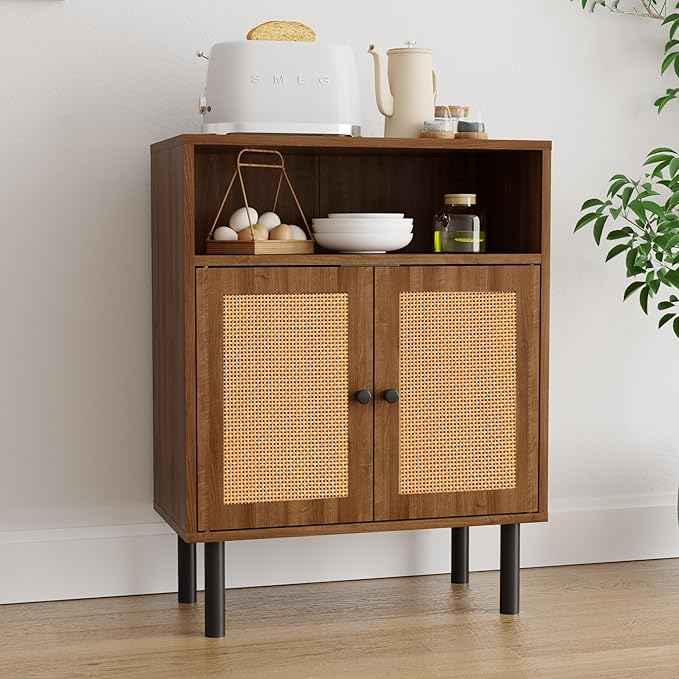 Rattan Storage Cabinet, Boho Accent Cabinet with Double Doors, Small Freestanding Sideboard for Hallway, Laundry Room,Kitchen, Dining Room, Entryway (Walnut)