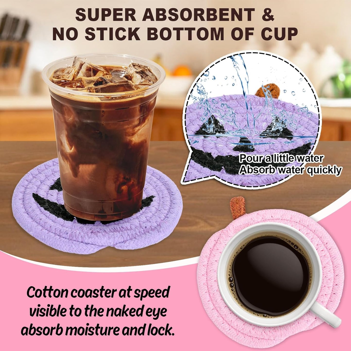 Whaline Halloween Pumpkin Cotton Coasters Colored Pumpkin Face Handmade Braided Drink Coasters Pink Purple Orange Absorbent Cup Mats for Trick or Treat Party Home Table Decor, Set of 4