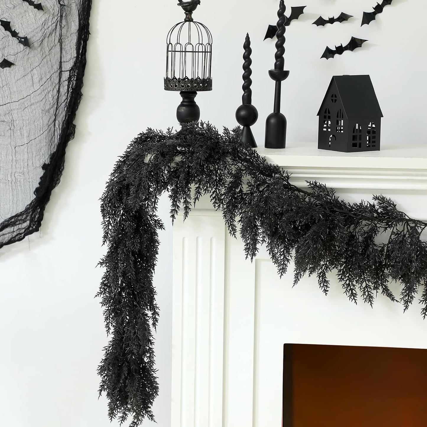 Dingion Black Artificial Cedar Garland - 9 ft Halloween Faux Cedar Pine Hanging Party Decoration Halloween Realistic Garland for Home, Mantle & Fireplace