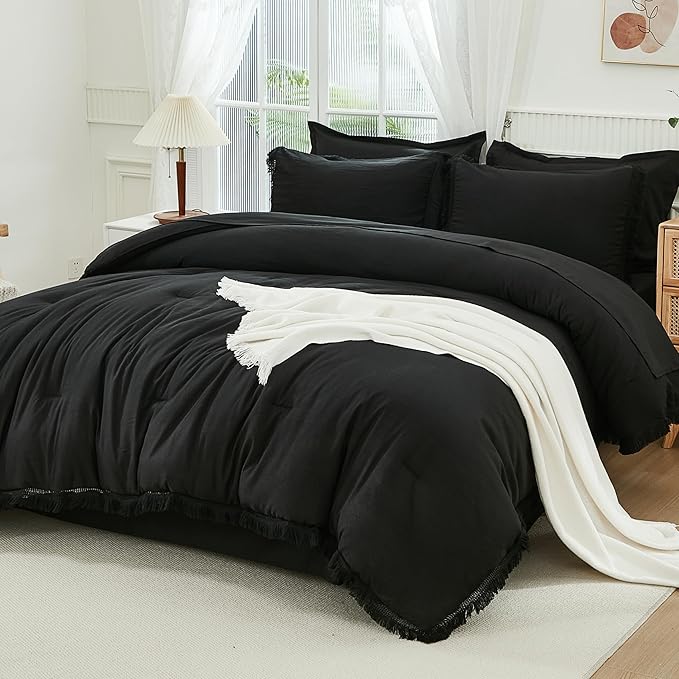 Andency Black King Size Comforter Set with Sheets - 7 Pieces Boho Tassel Bed in a Bag Soft Lightweight Bedding Sets, Black Fringe Bed Set with Comforter, Sheets, Pillowcases & Shams