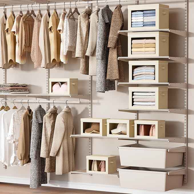 Storage Bins with Lids - Small Fabric Organizers with Window, Collapsible Storage Bins for Clothes, Decorative Closet Organizers for Towels, Tshirt, 3 Pack, Beige