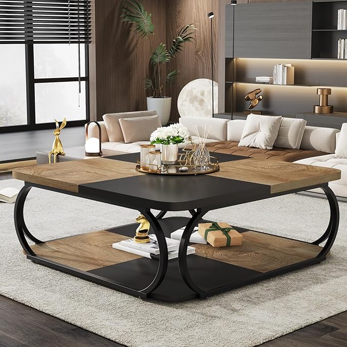 Tribesigns Square Coffee Table with Open Storage Shelf for Living Room, 39 Inch Large Wood Center Table 2 Tier Low Coffee Tables Farmhouse Tea Table with Metal Frame for Home Office, Black Light Brown