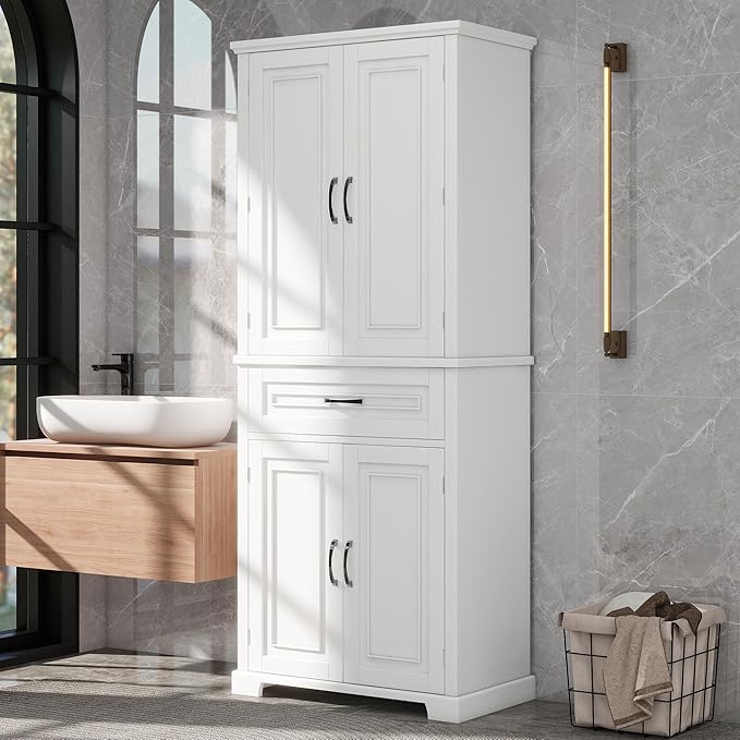 72.2" Storage Cabinet with Doors and Drawers, Tall and Wide Kicthen Pantry Cupboard Home Display Organizer with Door Shelf Rack for Bathroom, Adjustable Shelf, White