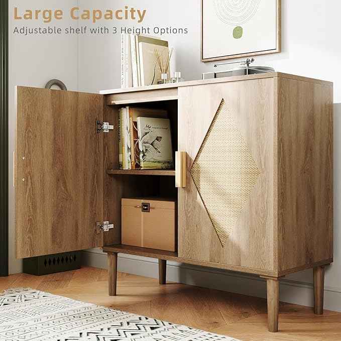 Garvee Rattan Accent Cabinet with Storage, Two-Door Sideboard with Woven Decor, Storage Buffet for Living Room, Dining Room, Entryway, Kitchen Organization
