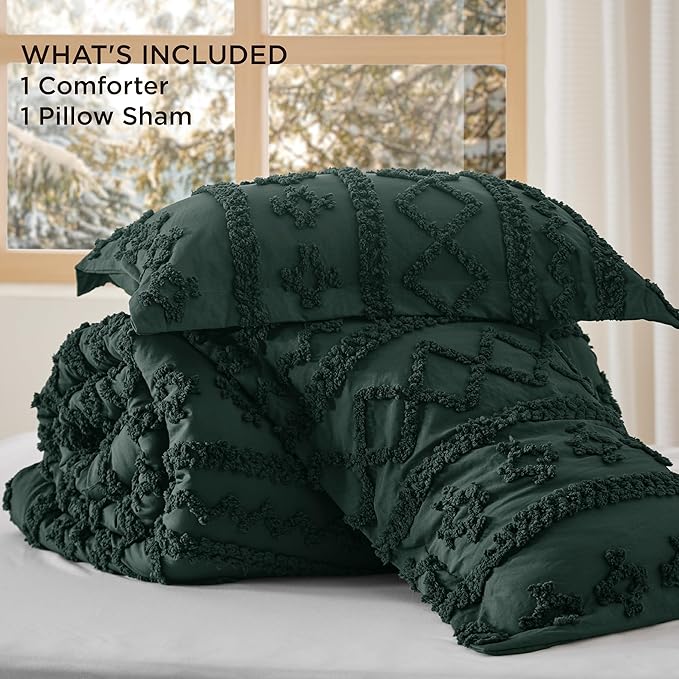 Bedsure Tufted Boho Comforter Set Twin Size - Dark Green Boho Bed Set, GentleSoft™ 2 Pieces Farmhouse Shabby Chic Embroidery Bedding, Gifts for Woman, Soft Jacquard Twin Comforter for All Seasons