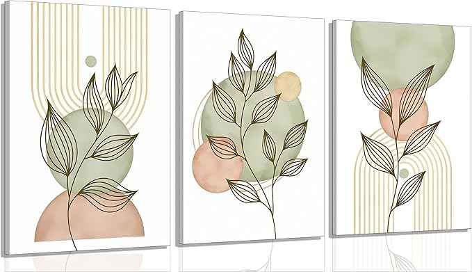 3Pcs Framed Sage Green Boho Canvas Wall Art Modern PinkBotanical Posters Print Abstract With Leafr Pictures Wall Decoration For Living Room Bedroom Bathroom