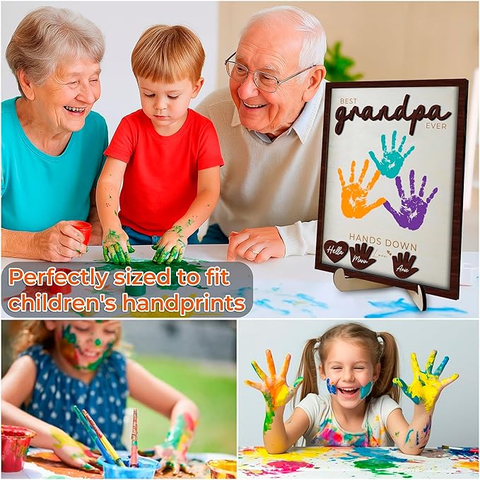 10" Hands Down Best Grandpa Ever DIY Handprint Kids Gifts Frame with Paints, Grandpa Crafts from Grandkids Family Keepsake Plaque Birthday Gift Father's Day for Pops, Papa HF610