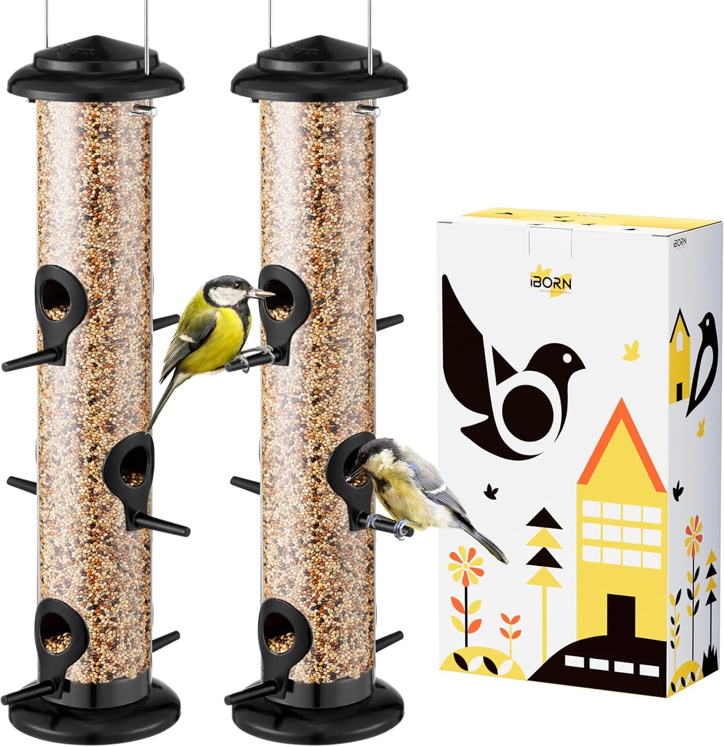 iBorn Metal Bird Feeder Hanging Wild Bird Seed Feeder for Mix Seed Blends Heavy Duty All Metal Black Finish,14 Inch 6 Port,Pack of 2