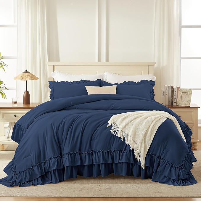 Andency Navy Blue California King Comforter Set (104x96Inch), 3 Pieces Farmhouse Shabby Chic Ruffle Bedding Comforter Sets, Lightweight Fluffy Soft Microfiber All Season Bed Set