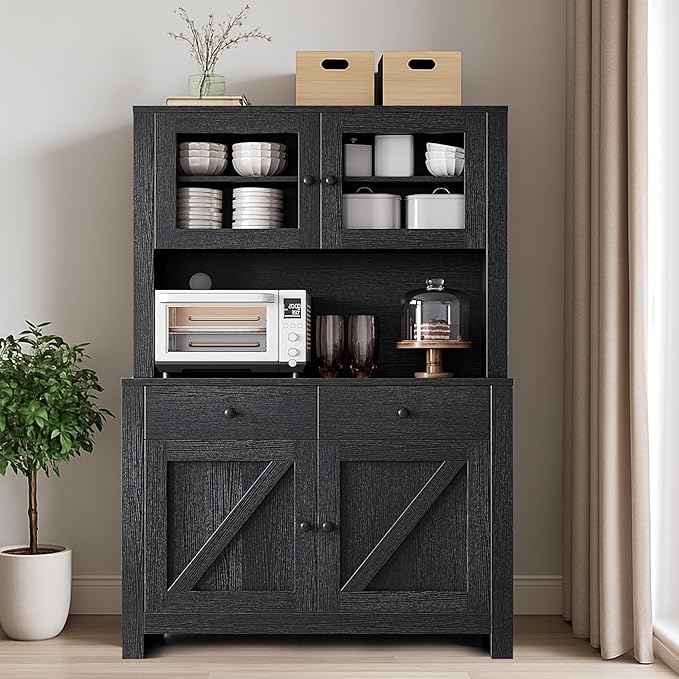 IDEALHOUSE 63" Kitchen Pantry Cabinet with Drawers, Hutch Cabinet with Storage, Microwave Stand, Adjustable Shelves, Freestanding Tall Pantry Storage for Dining Room, Living Room, Black