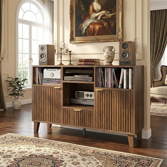 Large Round Record Player Stand with Vinyl Record Storage & Charging Station, Modern Turntable Cabinet with Power Outlet and USB Ports for Living Room and Bedroom (Walnut)