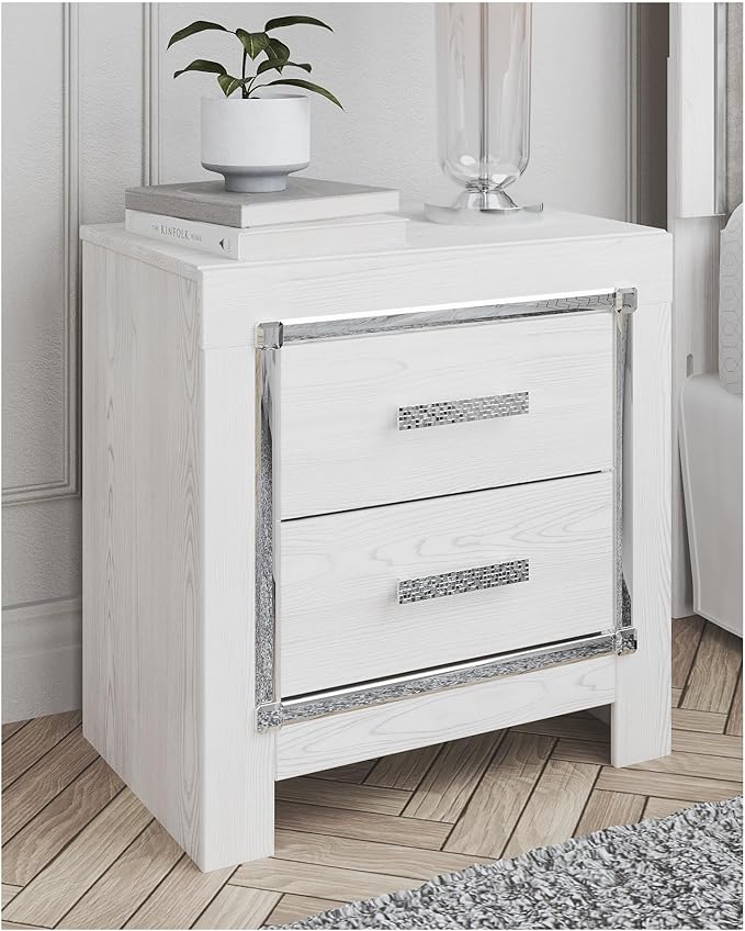 Signature Design by Ashley Altyra Contemporary Nightstand with 2 Storage Drawers, USB and Wireless Charging, Chrome-Tone Handles, Wood, 24.41" High, White