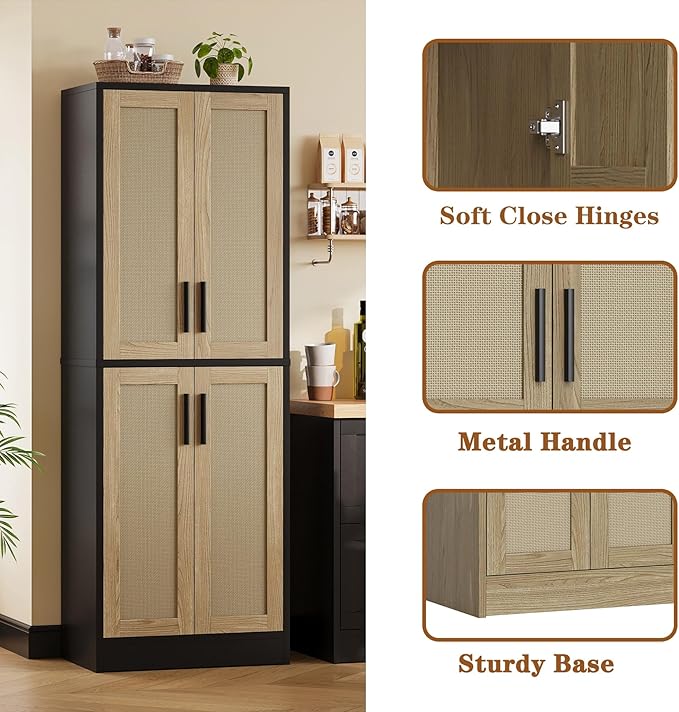 Pantry - Kitchen Pantry Cabinet with 4 Doors and Adjustable Shelves, Tall Black Cabinet Freestanding Storage Cupboard for Dining Room Living Room, Laundry, Bathroom (Black and Natural)