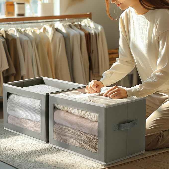 Fabric Bins with Lids, Large Storage Cubes with Window, Closet Organizers and Storage Bins for Clothes, Towel, Office