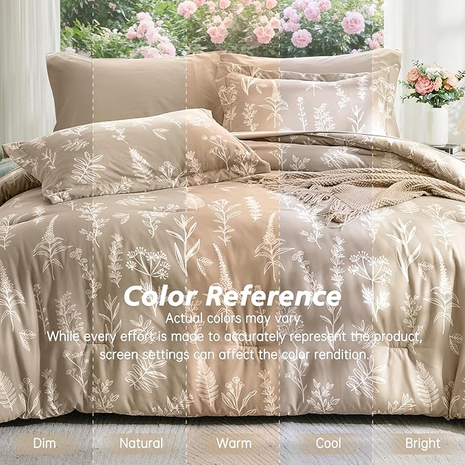 MUXHOMO Taupe Bed in a Bag Queen 7 Pieces, Queen Comforter Set Reversible Botanical Flowers Design, Ultra Soft & Breathable Bedding Sets with Comforter, Sheets, Pillowcases & Shams