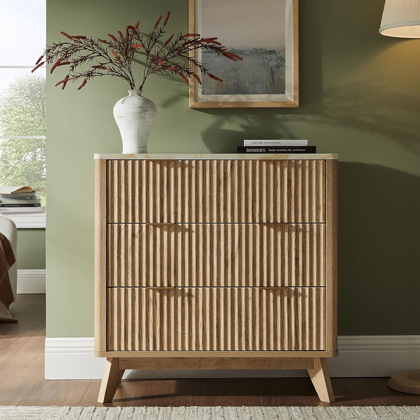 T4TREAM 32" Tall Fluted Nightstand, Modern Side Table with Faux Marble Top, 3 Drawers End Table w/Storage, Bedside Table for Bedroom, Living Room, Curved Profile Design, Natural Oak