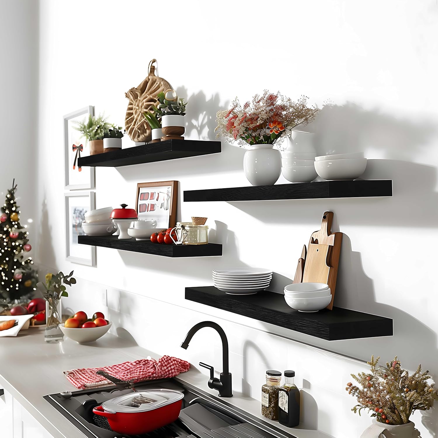 24 Inch Floating Shelves for Wall Rustic Black Wood Wall Shelves for Bedroom Set of 4 - Décor Diaries