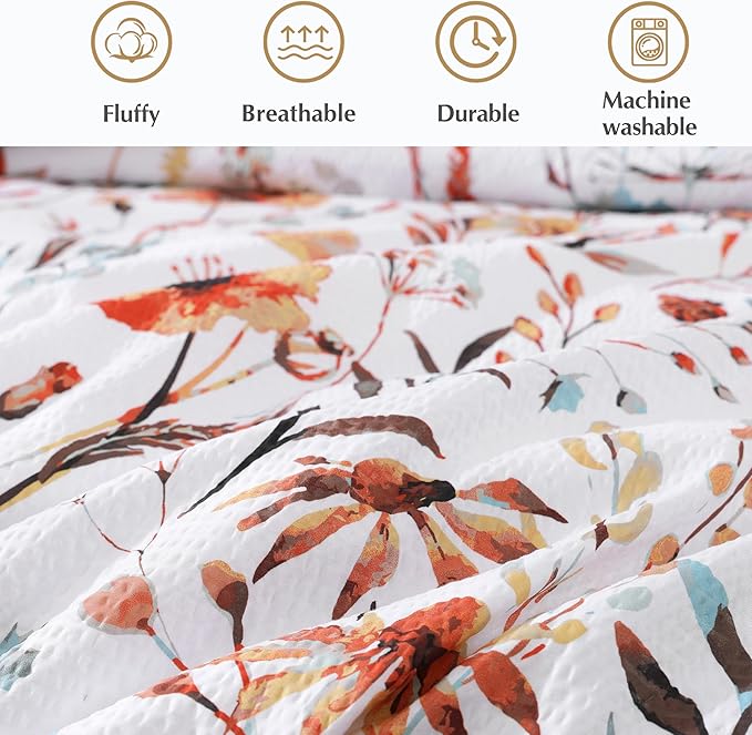 CASAAGUSTO King Comforter Set, 7 PCS White Floral Comforter Set with Terracotta Flowers Leaves Pattern, Soft Seersucker Design All Season King Bedding Set(102"X90")