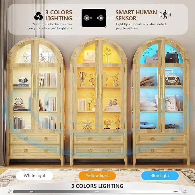 Arched Curio Cabinet with Glass Doors, 4-Tier Display Cabinet with 2 Drawers, Tall Bookcase with 3 Color Lights, Display Case, Kitchen Pantry (Wood)
