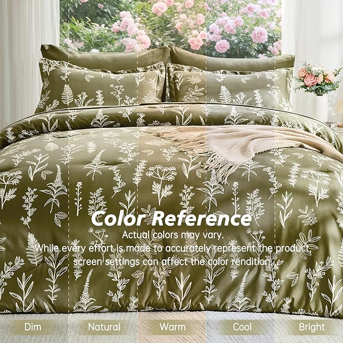 MUXHOMO Olive Green Full Comforter Set, Elegant Floral Print Bed in a Bag 7 Pieces, Ultra Soft & Breathable Reversible Botanical Pattern Bedding Set with Comforter, Sheets, Pillowcases, and Shams