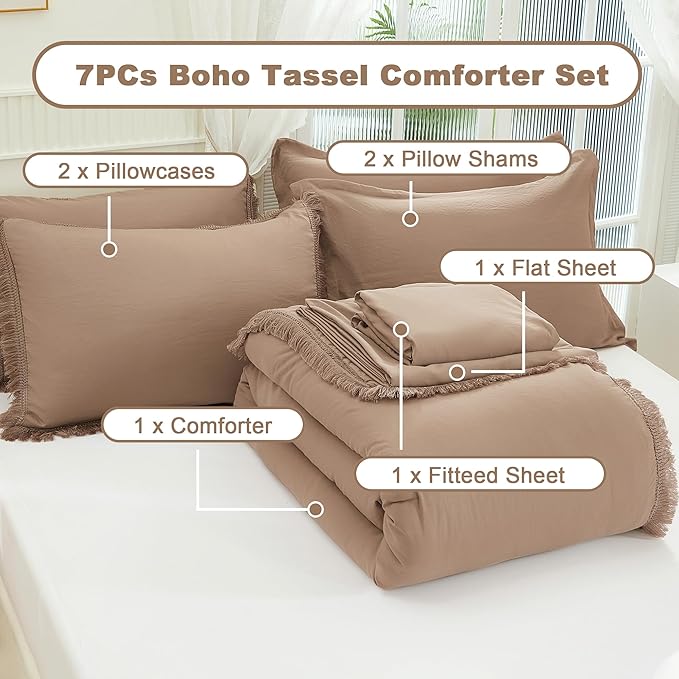 Andency Taupe Full Size Comforter Set with Sheets - 7 Pieces Boho Tassel Bed in a Bag Soft Lightweight Bedding Sets, Taupe Fringe Bed Set with Comforter, Sheets, Pillowcases & Shams