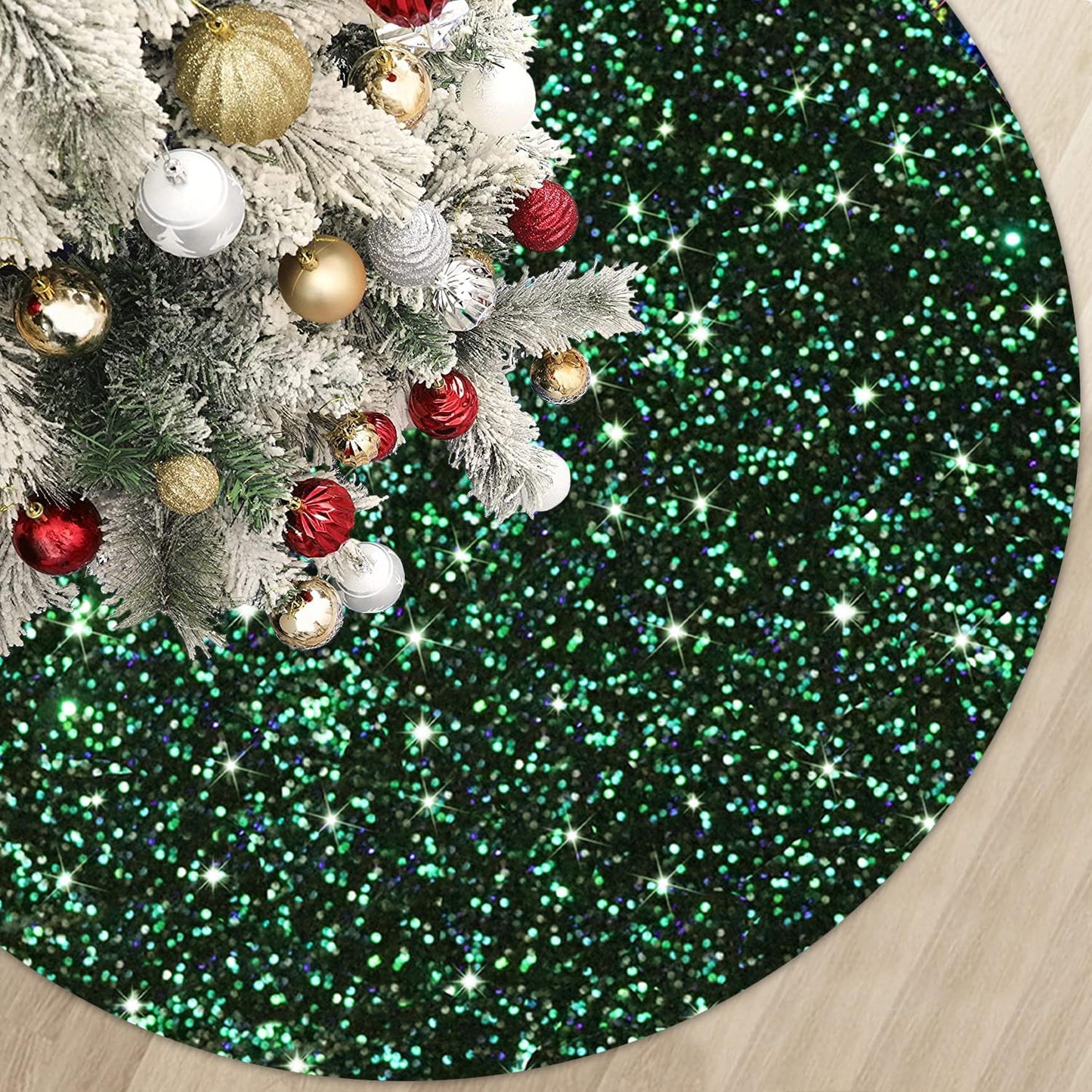 MODFUNS Sequin Christmas Tree Skirt 21 Inches Green and Black Rustic Velvet Tree Skirt for Table Top Trees Artificial Metallic Tree Mats Mini Xmas Tree Skirts Cover for Christmas Festive Decorations